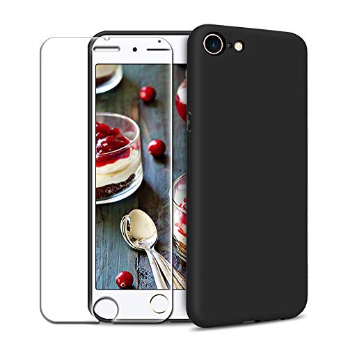 Funda iPhone 6/ iPhone 6S + Protector de Pantalla de Vidrio Templado, Carcasa Ultra Fino Suave Flexible Silicona Colores del Caramelo Protectora Caso Anti-rasguños Back Case - Negro