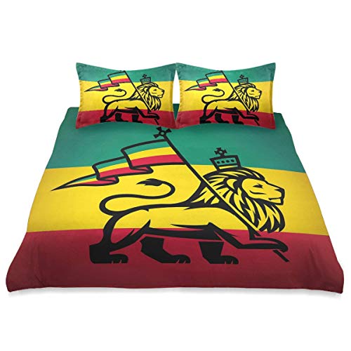 Funda nórdica, Judah Lion con Bandera Rastafari King Jungle Reggae Theme Art, Juego de Cama de Microfibra de 3 Piezas, Ultra Suave, cómodo diseño Moderno