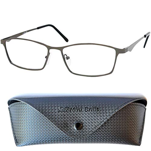 Gafas de Lectura Elegantes con Cristales Rectangulares, Montura Cuadradas de Acero Inoxidable (Grafito) con Patillas de Plástico, Funda GRATIS, Gafas Para Leer Hombre y Mujer +2.0 Dioptrías