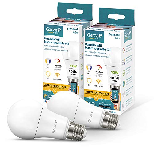 Garza ® Smarthome - Pack 2 Bombilla LED Estandar Intelegente Wifi E27, luz blanca neutra regulable con cambio de intensidad y temperatura. Programable, compatible con Amazon Alexa y Google Home.
