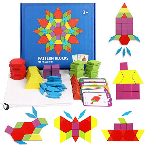 GoGlor Tangram Infantil Juguetes Montessori De Madera 155 PCS Jigsaw Puzzle, Niños Wood Rompecabezas Juego DIY Geométrico Matematicas Material Montessori con 24 Tarjetas De Diseño