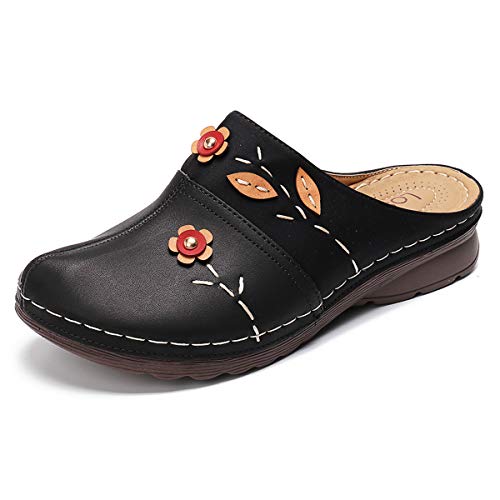 gracosy Zuecos para Mujer Cuero Verano Loafer Tacón Bajo Mules Planos Zapatos Zapatillas de Playa Antideslizantes Sandalias Redondo al Aire Libre