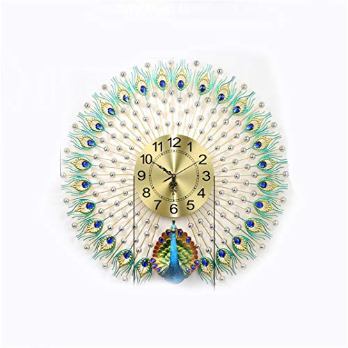 Gran reloj de pared de pavo real, metal, cristal de lujo, plata, diamante, reloj de pared, mudo moderno europeo sin garrapatas, reloj de cuarzo, 70 cm