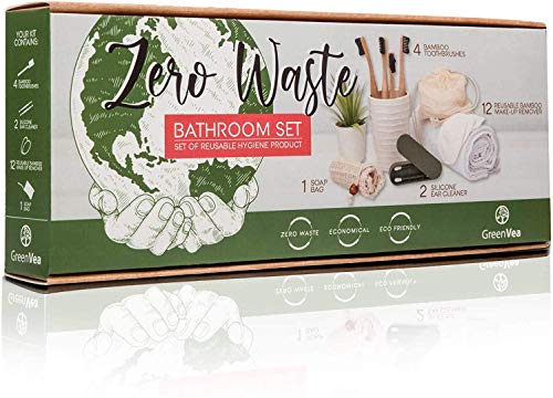 Greenvea – Kit Cero waste – Contiene: cepillos de dientes de madera de bambu x4, desmaquillante lavable de algodon x12, limpiador de oídos de silicona x2 + 1 bolsa de jabón. Reutilizable y eco