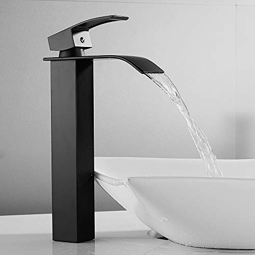 Grifo de baño para lavabo de cascada Mezclador para lavabo Grifo alto de apoyo moderno de latón (negro mate)