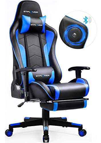 GTPLAYER Silla Gaming con Altavoz Bluetooth Reposapies Escritorio Oficina Gamer Ergonomica con Cojín Reposabrazos 3D Ajustables Respaldo Reclinable Multifuncional Azúl GTRACING Series