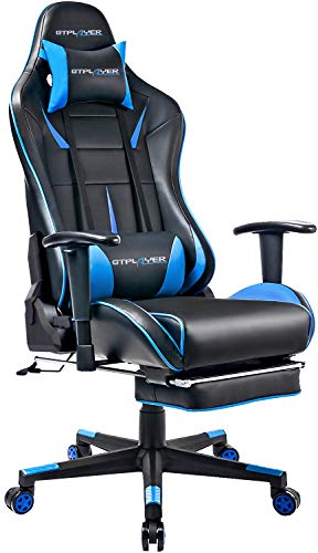 GTPLAYER Silla Gaming Escabel Escritorio Oficina Cuero Ordenador Gamer Silla Asiento Engrosado Ergonomica con Cojín Reposabrazos 2D Ajustables Respaldo Reclinable Azúl