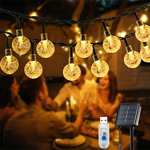 Guirnalda Luces Exterior Solares, OxyLED 59 Ft 100 LED Cadena de Luces USB Recargable IP65 Impermeable Luces LED Decorativas de Hadas para Jardín, Bodas, Eésped, Patio, árbol de Navidad