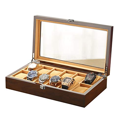 GYMEIJYG Caja De Almacenamiento De Reloj Caja De Relojes Madera 12 Ranuras Cierre De Metal Caja De Reloj con Tapa De Cristal Ver Almacenamiento (Color : Brown, Size : 40x25x12cm)