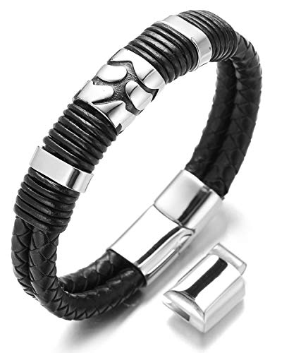 Halukakah Plus ● Volcán ● Pulsera Hombre Cuero Genuina Cierre Magnético Titanio Acero Inoxidable Plata Tamaño Ajustable 8.46"-9"(21.5-23cm) con CajaDeRegaloGRATIS