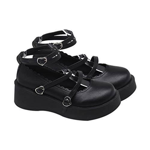 Happyyami Niñas Lolita Zapatos de Cuero Vintage Bloque de Tacones Gruesos Estilo Japonés Zapatos de Cuero de Punta Redonda Zapatos Planos de Moda 2 Tamaño 7. 5US 5UK 38. 5EU