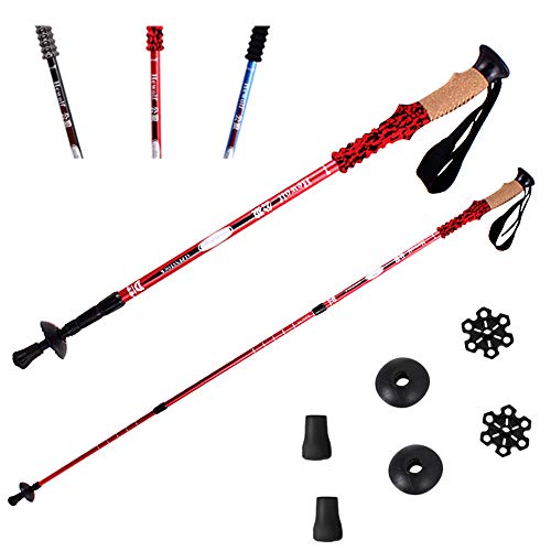 HEWOLF Bastones de senderismo plegables Nordic Walking de aluminio 7075, ultraligeros, ajustables, con mango de corcho para montañismo, trekking, 2 unidades, color rojo