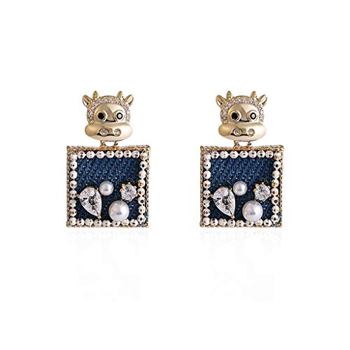 HMEI Pendientes de vaca de animales femeninos retro perla cuadrados pendientes de moda de otoño e invierno (un par)