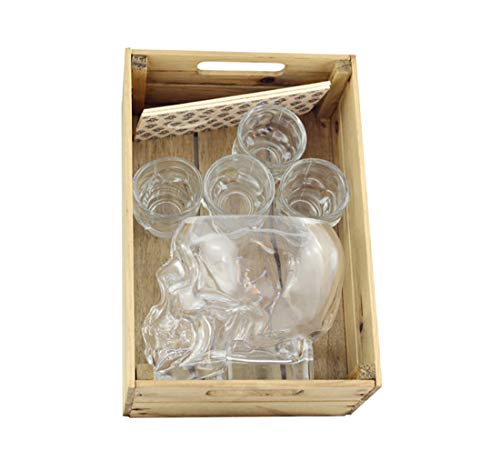 Hostelnovo - Innovador Pack Calavera : Caja en Madera + 1 Vaso Tiki de 600 ml en Forma de Calavera + 4 chupitos Calavera 50 ml + 2 Porta chupitos Estampado