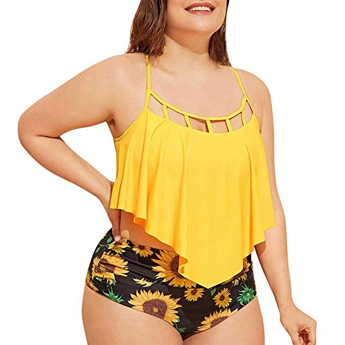 IBAKOM Mujer Traje de Baño Strappy Camisola Top Volantes Flores Cintura Alta Braguitas Inferiores Bañador Conjunto Amarillo XL