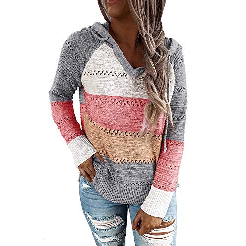 iMixCity Suéter con Capucha Ahuecado para Mujer Bloque de Color Casual Patchwork con Cuello en V Jerseys túnica Tops Sudadera (Gris, M)