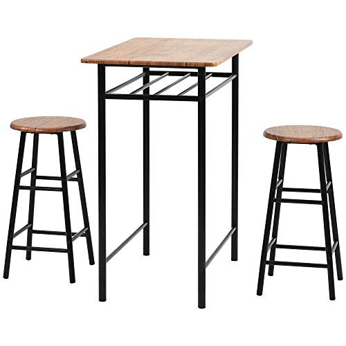 Jeerbly Juego de mesa de bar de 3 piezas, moderno juego de mesa y sillas de bar, juego de mesa de comedor con 2 taburetes de bar, capa de almacenamiento integrada, fácil de montar, color marrón