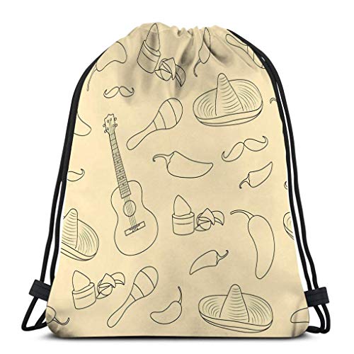 JHUIK Drawstring Bag Backpack,Mochila con cordón, saco de gimnasia, para niñas u hombres de compras, deporte, gimnasio, yoga, escuela cinco de mayo atributos de la cultura mexicana patrón dibujado a m