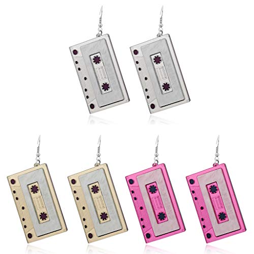 Jingmeizi - 3 pares de pendientes de gota con cinta de casete retro para mujer