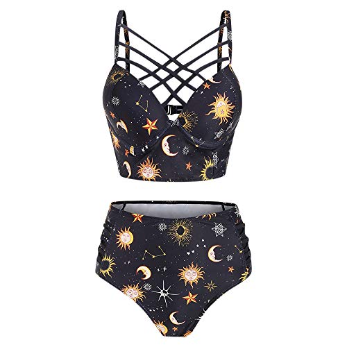 JMSUN Traje de baño de verano para mujer, sexy y cómodo, con diseño de estrella del sol, luna, celosía y aros Amarillo amarillo XX-Large