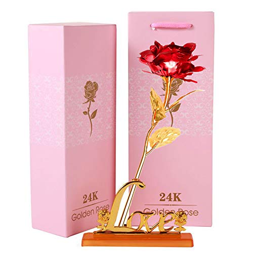 JPYZ Rosa Eterna 24K Flores Artificiales Chapado en Oro Rosa, Flor de Rosa Artificial con Love Base y Caja de Regalo para San Valentín, Navidad, cumpleaños,Aniversario de Regalo