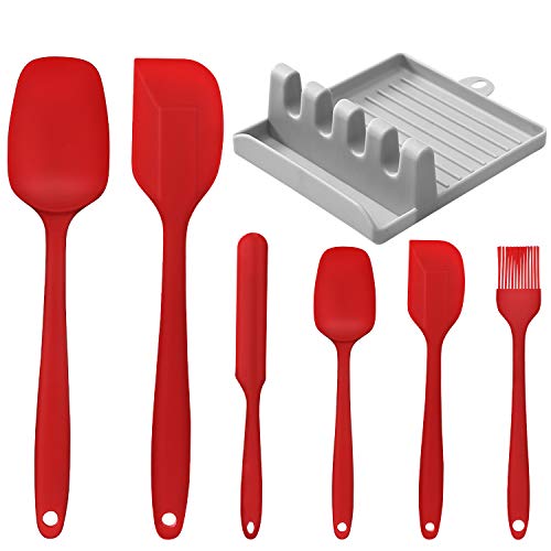 Kikc Utensilios de Cocina de Silicona,Set de 6 Espátulas Silicona Incluye Hilvanado Cepillo y 1 Soporte de espátula de Cocina, No Tóxico, Antiadherente,Resistente al Calor