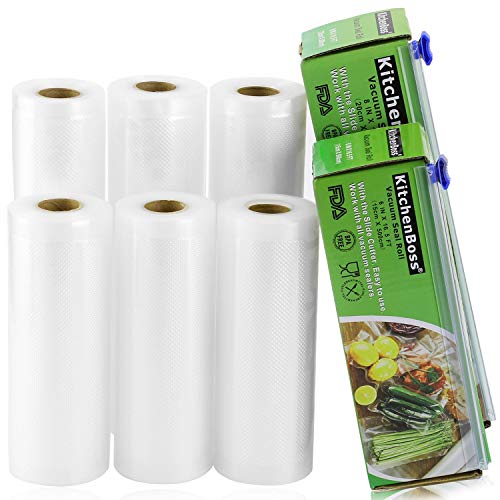 KitchenBoss Bolsas de Vacío Profesional 6 Rolls 15x500cm y 20 * 500cm con Caja de Corte (No Más Tijeras) para Almacenaje de Alimentos, Sous Vide Cocina, BPA Free