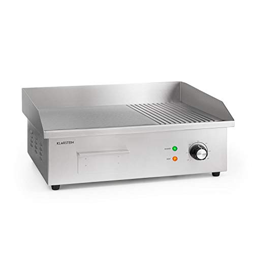 Klarstein Grillmeile 3000GR Pro plancha de hierro fundido eléctrica - superficie de 54,5 x 35 cm (2/3 liso & 1/3 surcado), temperatura de 50 a 300 °C, 3000 W, antisalpicadura, acero inoxidable