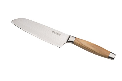 Le Creuset Cuchillo Santoku, 18 cm, Hoja de acero damasco 18 y 8 con borde recto, Mango de madera de olivo, Inoxidable, Madera y Inox