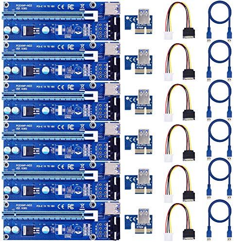 LEAGY 6-Pack PCIe PCI-E 16x to 1x Powered Riser Adapter Card w/ 60cm USB 3.0 Extension Cable & MOLEX to SATA Power Cable - GPU Riser Adapter - Ethereum Mining ETH