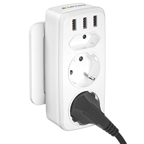 LENCENT Cargador USB de Pared[4000W], Ladron Enchufes Schuko con 2 Toma de CA (Schuko Europeo de 2 Pines) + 1 Enchufes EU + 3 Puerm Tos USB, Enchufe Multiple Adaptador Enchufe con USB España