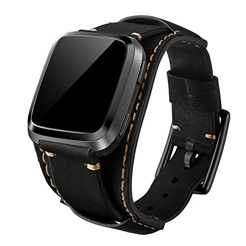 Leotop Correa Compatible con Fitbit Versa/Versa 2/Versa Lite/Versa Special Edition, Vintage Pulsera de Cuero Genuino Reemplazo Banda de Bucle Acero Inoxidable para Mujeres Hombres (Negro)