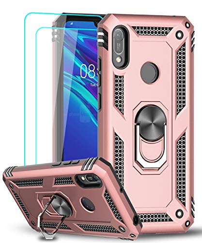 LeYi Funda Huawei Honor 8A / Y6 2019 con [2-Unidades] Cristal Vidrio Templado,Armor Carcasa con 360 Grados Anillo iman Soporte Hard PC y Silicona TPU Bumper Antigolpes Case para Movil Y6 2019,Rosa