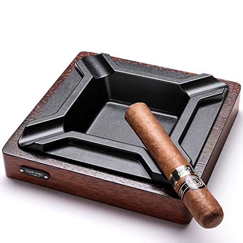 LILICEN Cenicero, Cenicero Creativo Grande de Madera sólida Base de Metal 4 Ranura de Humo Groove Diseño Personalidad cenicero de Regalo Fumador (18 * 18 * 4 cm) Marrón