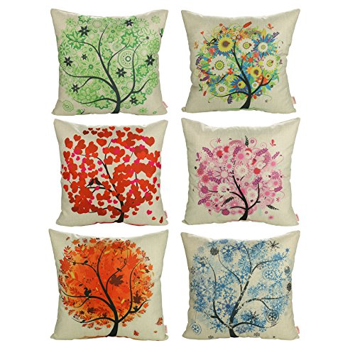 Luxbon Conjunto de 6 Fundas Cojín Almohada Lino Duradero Primavera Árbol Flor Esperanza Seis Colores Decorativos para Sofá Cama Coche 45x45 cm