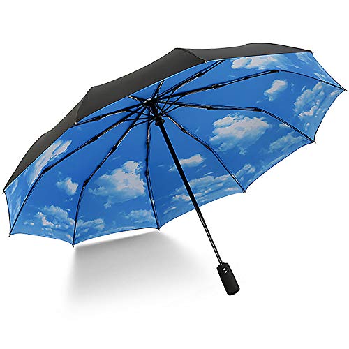 Malaxlx Paraguas Plegable Antiviento, Automático Portátil Compacto Ligero Resistente para Viaje Paraguas (Cielo Azul)