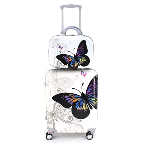 Maleta de Cabina con Neceser Trolley de Viaje Equipaje de Mano 4 Ruedas giratorias 360grados Dibujos Fantasia Paisaje (Mariposa Blanco)