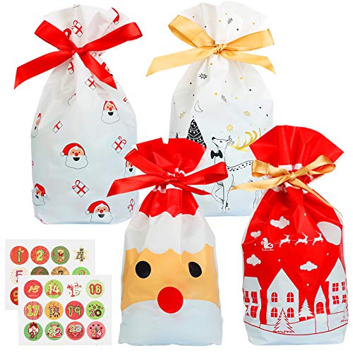 Matogle 24pcs Bolsas de Regalo Calendario Bolsitas de Dulces Navideño con Cordón Bolsa Pequeña de Caramelo con Pegatinas Cargar Galletas Chocolate Sorpresa para Niños 23 x 14cm