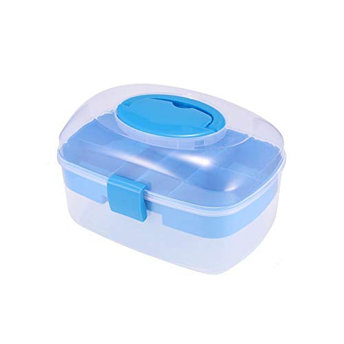 MDFQL Caja de Almacenamiento de plástico de plástico Transparente de 2 Niveles, Caja de contenedores de Almacenamiento portátil con Bandeja y Mango extraíble, para artesanía de Arte y cosméticos,Azul