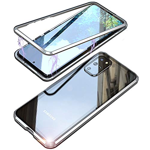 MOSSTAR Funda para Samsung Galaxy S20+/S20 Plus, absorción magnética, marco de metal, 360 grados, parte trasera de cristal templado, ultrafina, transparente, color plateado