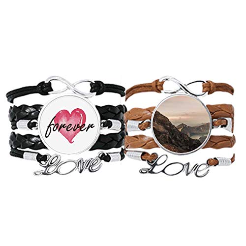 Mountain Desert Sun Mist Clouds Lake pulsera de mano correa de cuero cuerda Forever Love pulsera doble conjunto