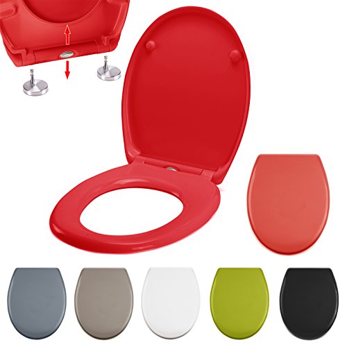 MSV - Asiento de inodoro con tapa (duroplast, descenso automático y pulsando un botón, extraíble para la limpieza en rojo - Easy Fix Clip System