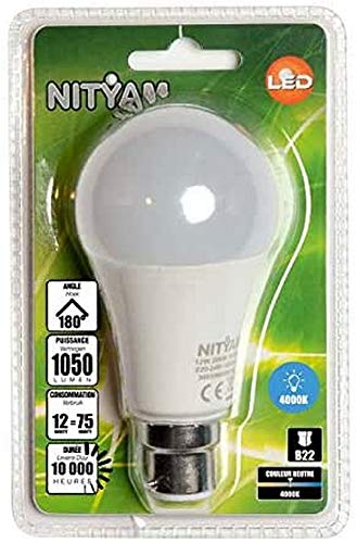 Nityam LED Standard A60 12W 1050 LMS B22 4000K Bombilla, blanco