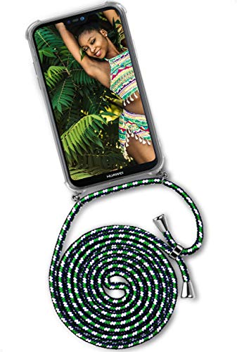 OneFlow Funda con Cuerda Compatible con Huawei Mate 20 Lite - Carcasa Transparente de TPU con Cuerda para Colgar en el Cuello - Vert/Blanc/Bleu