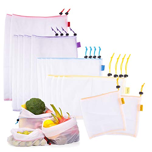 OrgaWise Reutilizable Producir Bolsas 16 Pcs Bolsas Reutilizables Fruta Lavables y Livianas, Perfectas para Comestibles, Compras, Almacenamiento, Frutas, Verduras (16 PCS)