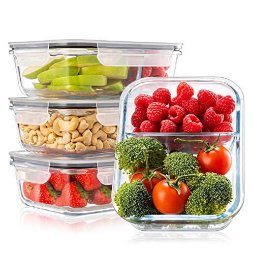 Pack 4 Recipientes de Cristal para Alimentos, 2 Compartimentos Herméticos, Tamaño XL 1040ml - Recipiente Cristal sin BPA para comidas - Meal Prep Comidas, Conservación, Congelación Alimentaria