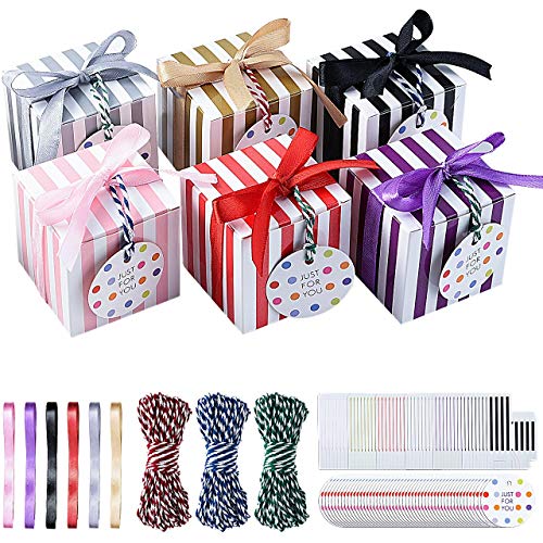 Pajaver 48 Pcs Cajas de regalo pequeñas, cajas de dulces cuadradas para dulces con cinta, caja de regalo de papel a rayas para bodas, fiestas, cumpleaños, Navidad