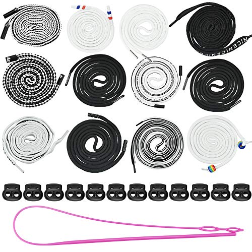 PERFETSELL 12 Pcs Cordones de Repuesto Cordones Sudadera Cordones Redondos de Nylon para Pantalones Ropa Deportiva Zapatos Casuales 126 cm de Largo +12 Pcs Cerraduras de Cordón + 1 Enhebrador