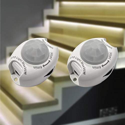 proventa® Sensor de movimiento 12V para iluminación LED de escalera, 2 piezas, incluido cable de conexión, tiempo de conmutación ajustable