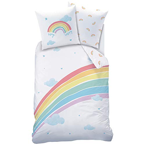 REGENBOGEN Bettwäsche Juego de ropa de cama para niña · Very Happy Rainbow · Nubes y estrellas – Funda de almohada de 80 x 80 cm + Funda nórdica de 135 x 200 cm – 100% algodón